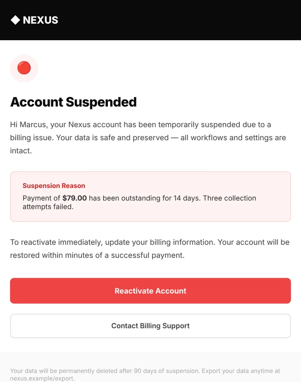 Preview of the account suspended email